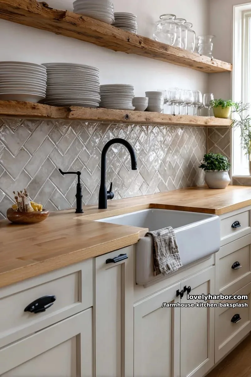 herringbone patterned neutral tiles with matte black hardware and farmhouse sink 1