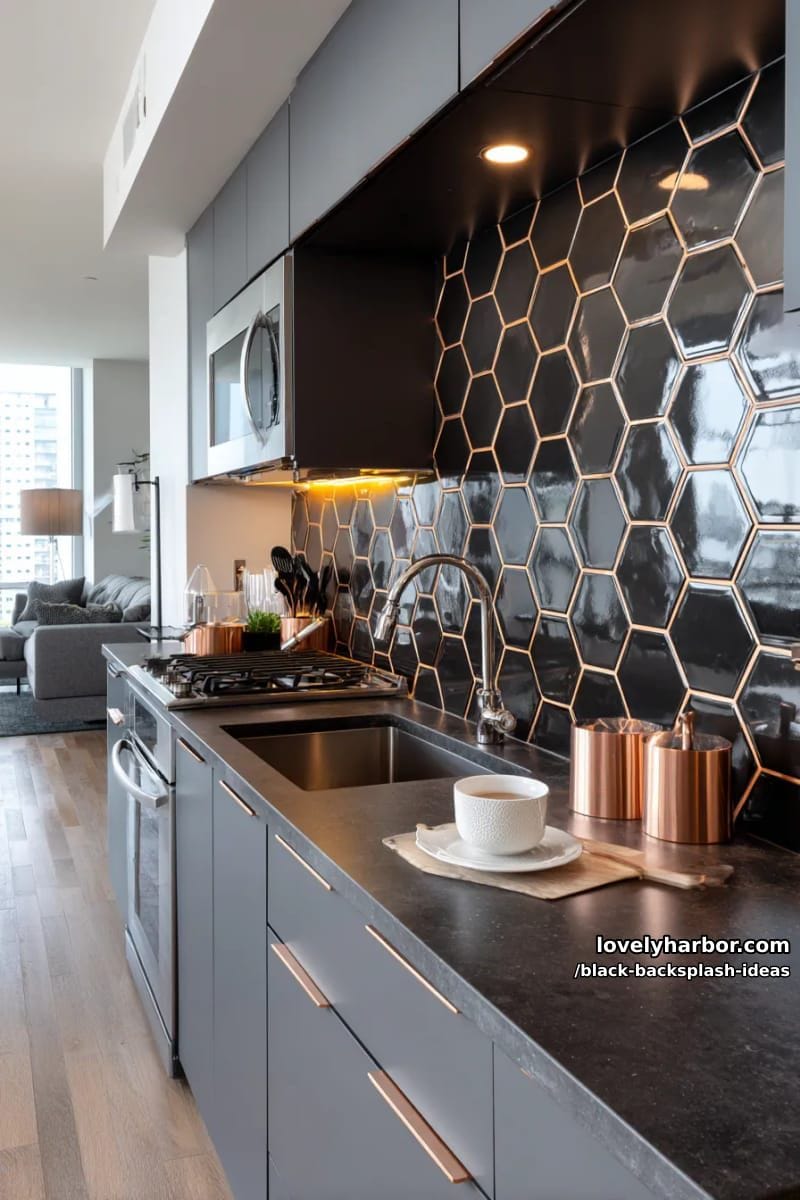 15 Black Backsplash Design Ideas for a Stylish Kitchen 21 hexagonal black tiles with copper grout lines for a chic kitchen statement 1