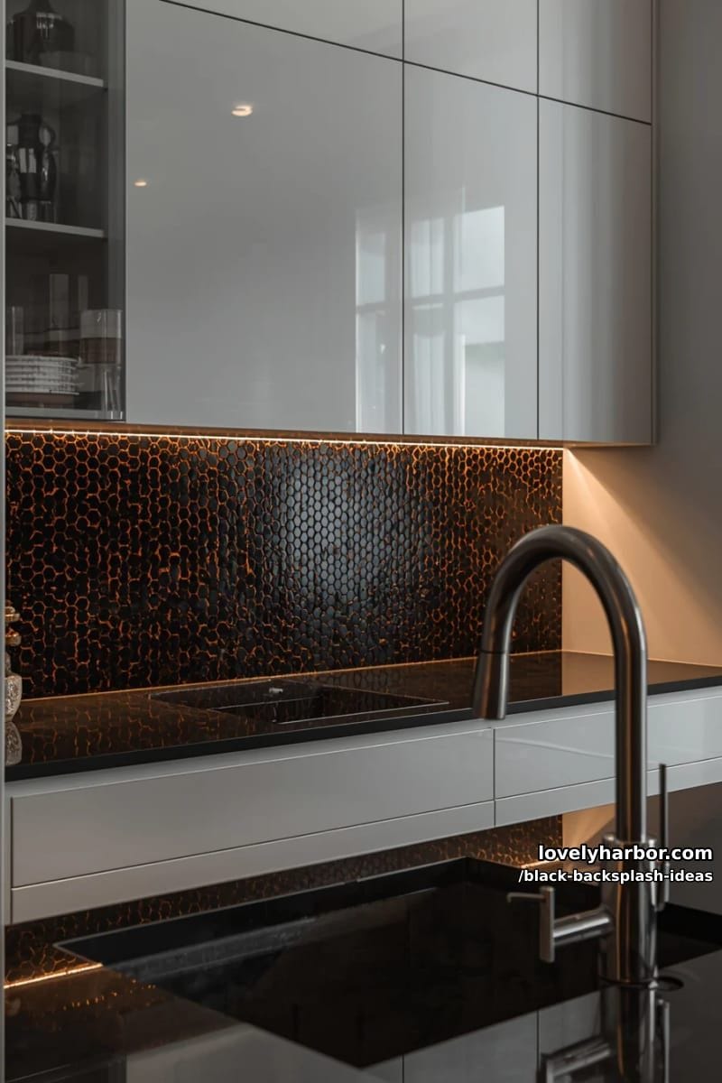 15 Black Backsplash Design Ideas for a Stylish Kitchen 22 hexagonal black tiles with copper grout lines for a chic kitchen statement 1