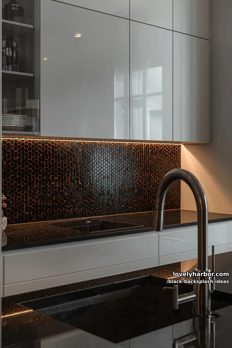 hexagonal black tiles with copper grout lines for a chic kitchen statement 1
