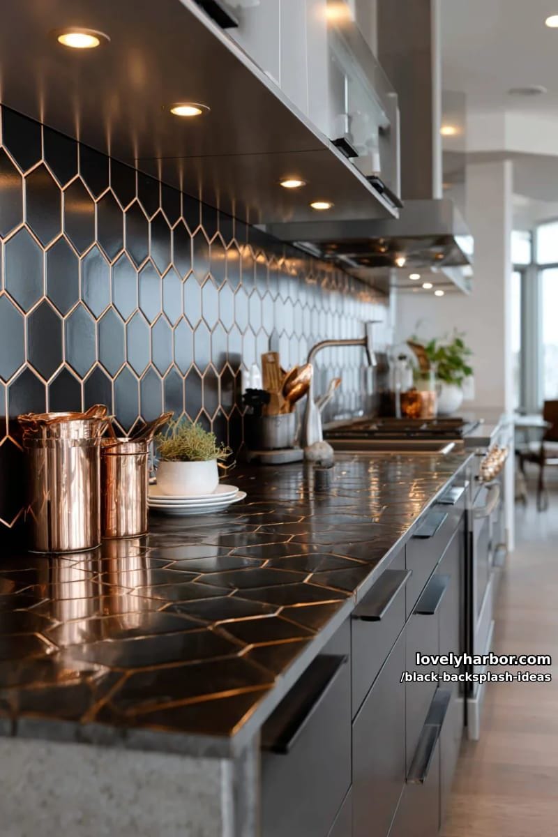 15 Black Backsplash Design Ideas for a Stylish Kitchen 23 hexagonal black tiles with copper grout lines for a chic kitchen statement 1