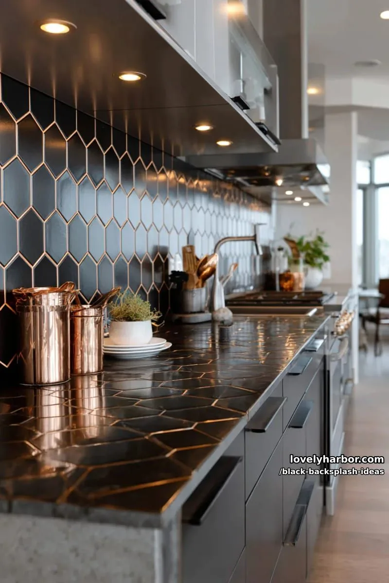 hexagonal black tiles with copper grout lines for a chic kitchen statement 1
