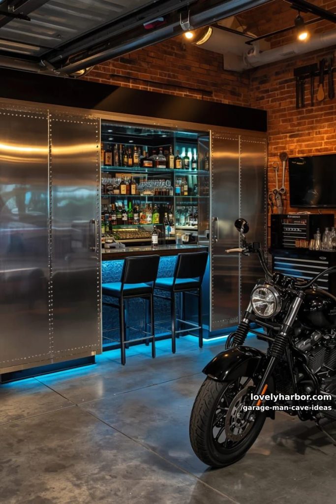 hidden speakeasy bar behind sliding tool cabinets and led underlighting 15