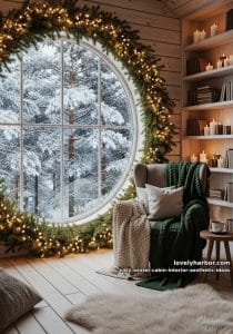 highlight a round window with twinkling lights and snowy forest views. 25