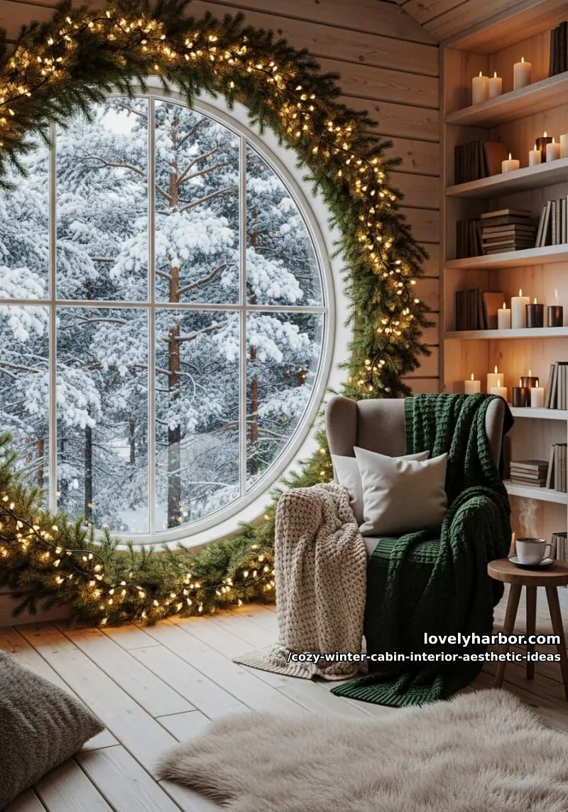 15 Cozy Winter Cabin Interior Ideas for an Aesthetic Retreat 25 highlight a round window with twinkling lights and snowy forest views. 1