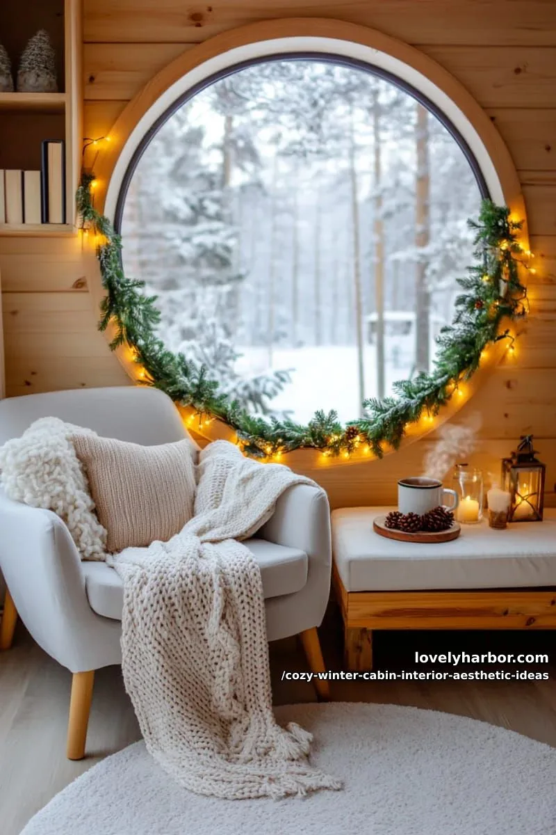 15 Cozy Winter Cabin Interior Ideas for an Aesthetic Retreat 26 highlight a round window with twinkling lights and snowy forest views. 1