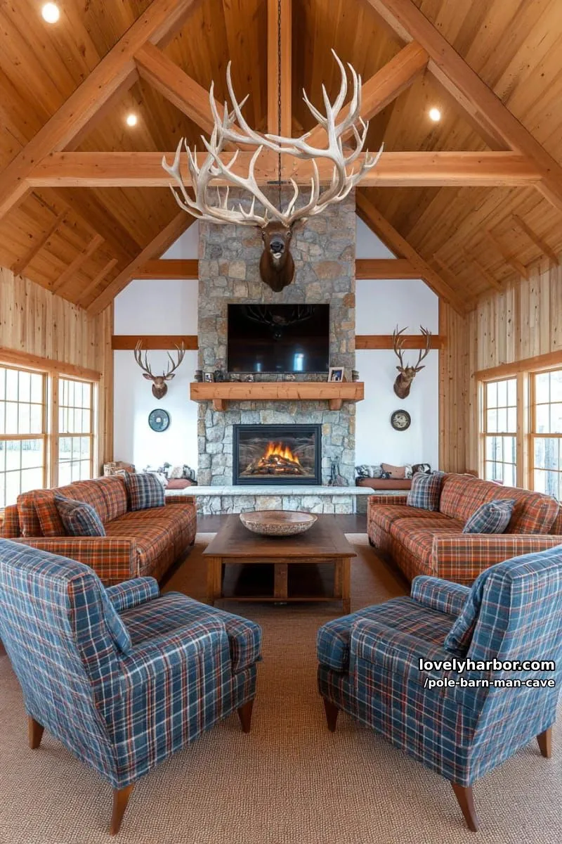 hunting lodge retreat with antler chandeliers and plaid flannel upholstery 1