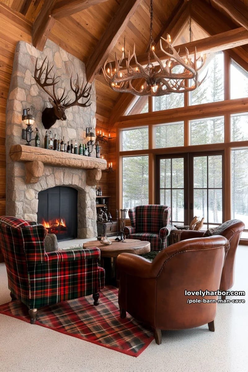 hunting lodge retreat with antler chandeliers and plaid flannel upholstery 1
