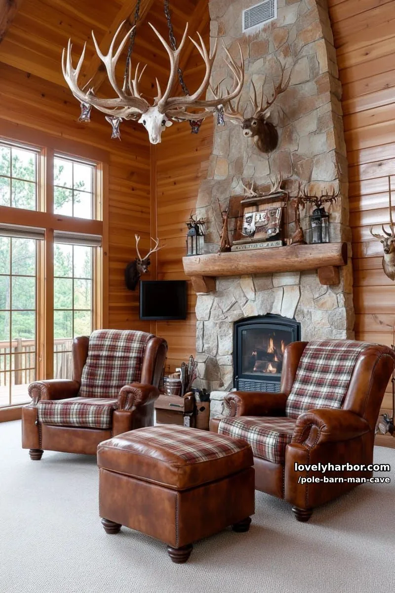 hunting lodge retreat with antler chandeliers and plaid flannel upholstery 1