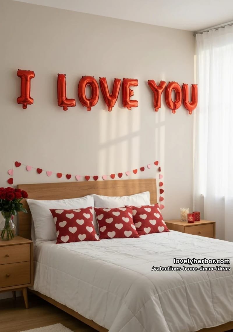 “i love you” spelled out with red balloons above the headboard 1