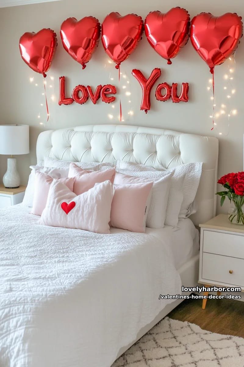 “i love you” spelled out with red balloons above the headboard 1