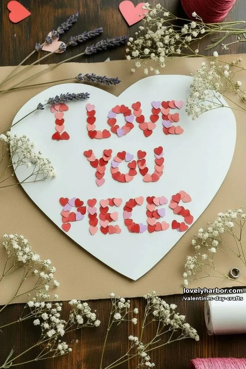 21 Unique Valentine’s Day Crafts to Warm Your Heart 33 “i love you to pieces” mosaic using torn colored paper and a heart template 1