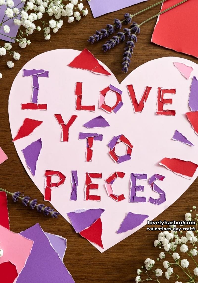 21 Unique Valentine’s Day Crafts to Warm Your Heart 35 “i love you to pieces” mosaic using torn colored paper and a heart template 1