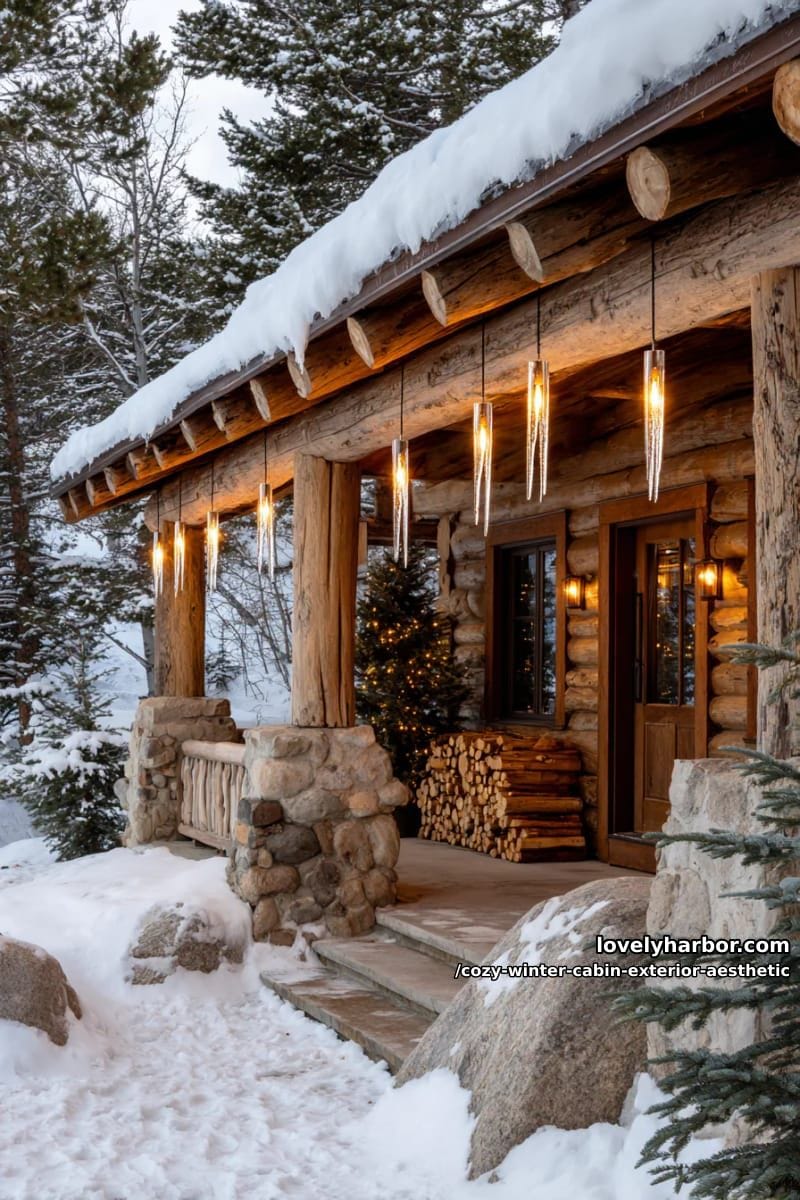 icicle lanterns hanging from rustic timber porches for magical evening glow 1