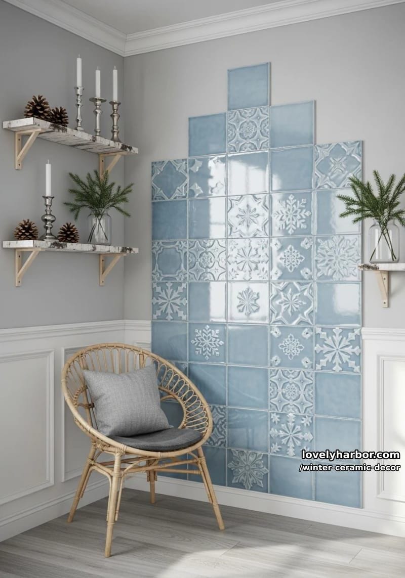 icy blue ceramic wall tiles arranged in a geometric winter motif 1