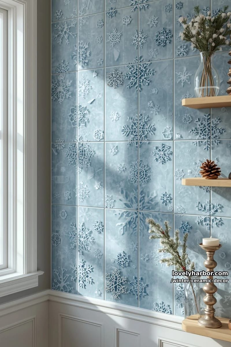 icy blue ceramic wall tiles arranged in a geometric winter motif 1