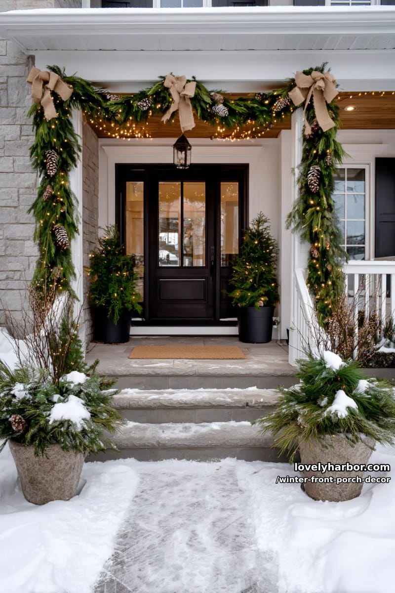 illuminated garland framing the entryway with pinecones and burlap bows 1
