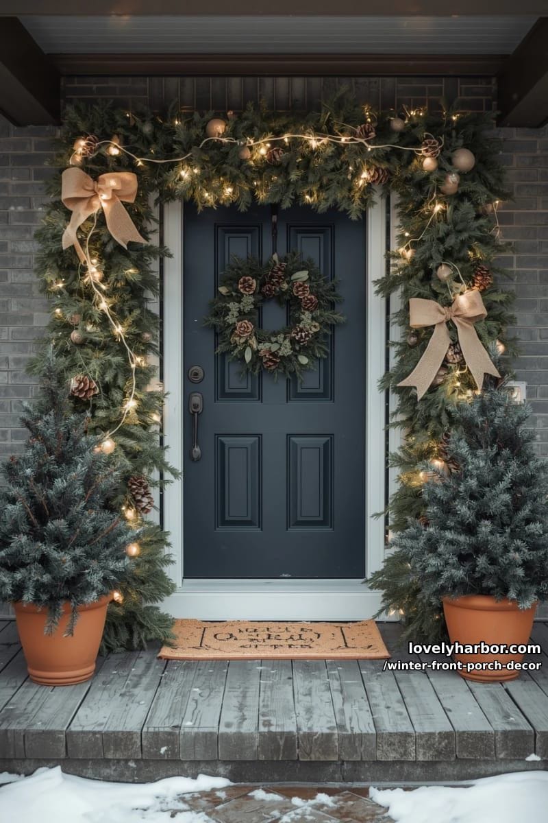 illuminated garland framing the entryway with pinecones and burlap bows 1