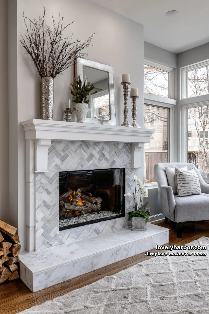 15 ideias inovadoras para reforma de lareira para uma sala de estar elegante 34 incorpore ladrilhos de mármore em padrão de espinha de peixe para uma elegância luxuosa e atualizada. 1