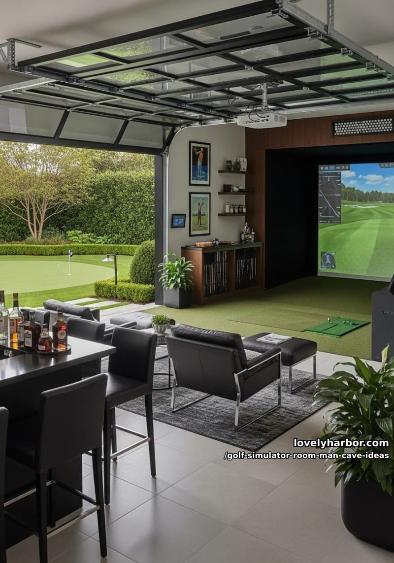indoor-outdoor golf cave with glass garage doors opening to backyard putting green 1