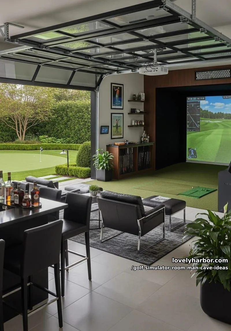 15 Cool Man Cave with Golf Simulator Room 21 indoor-outdoor golf cave with glass garage doors opening to backyard putting green 1