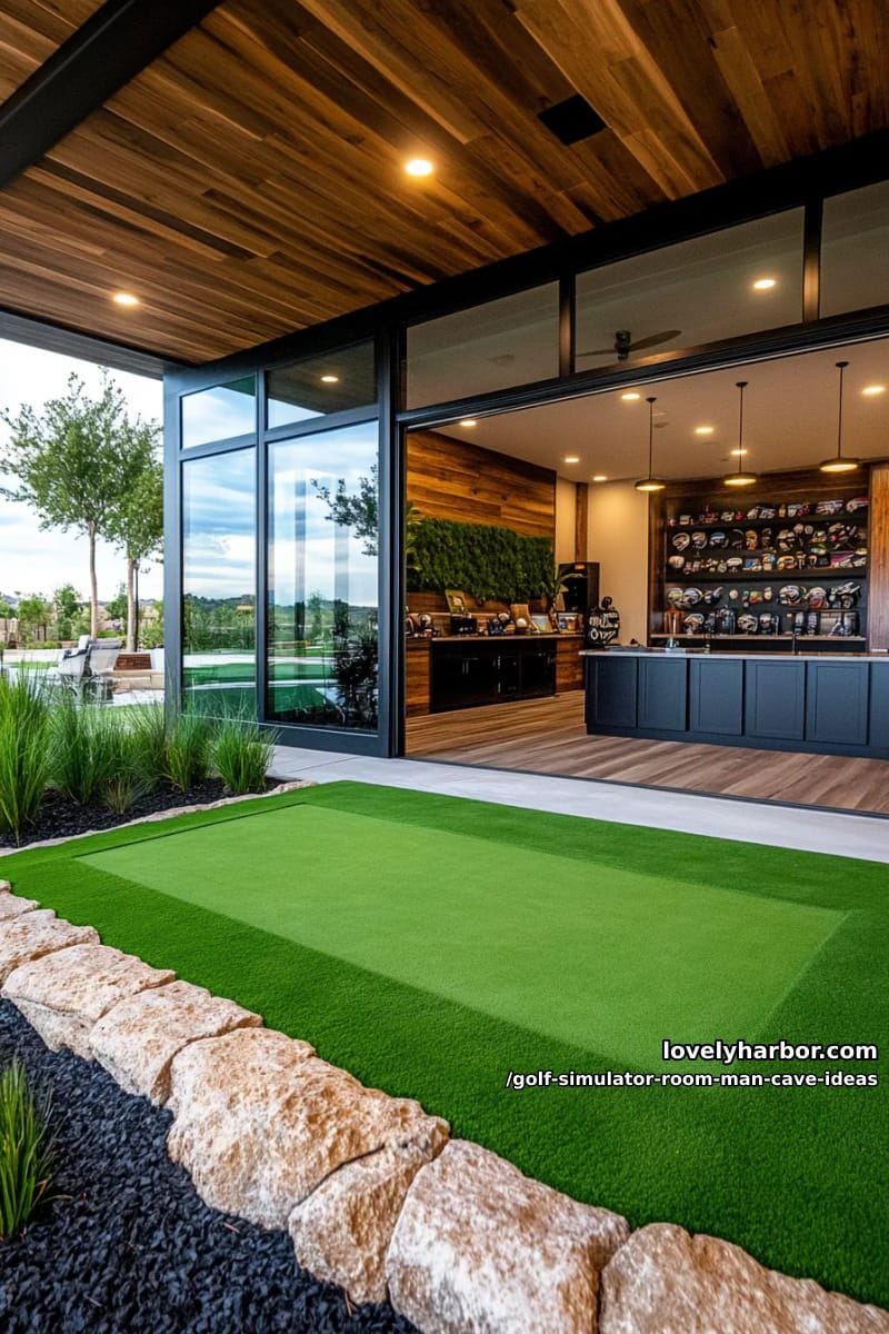 indoor-outdoor golf cave with glass garage doors opening to backyard putting green 1
