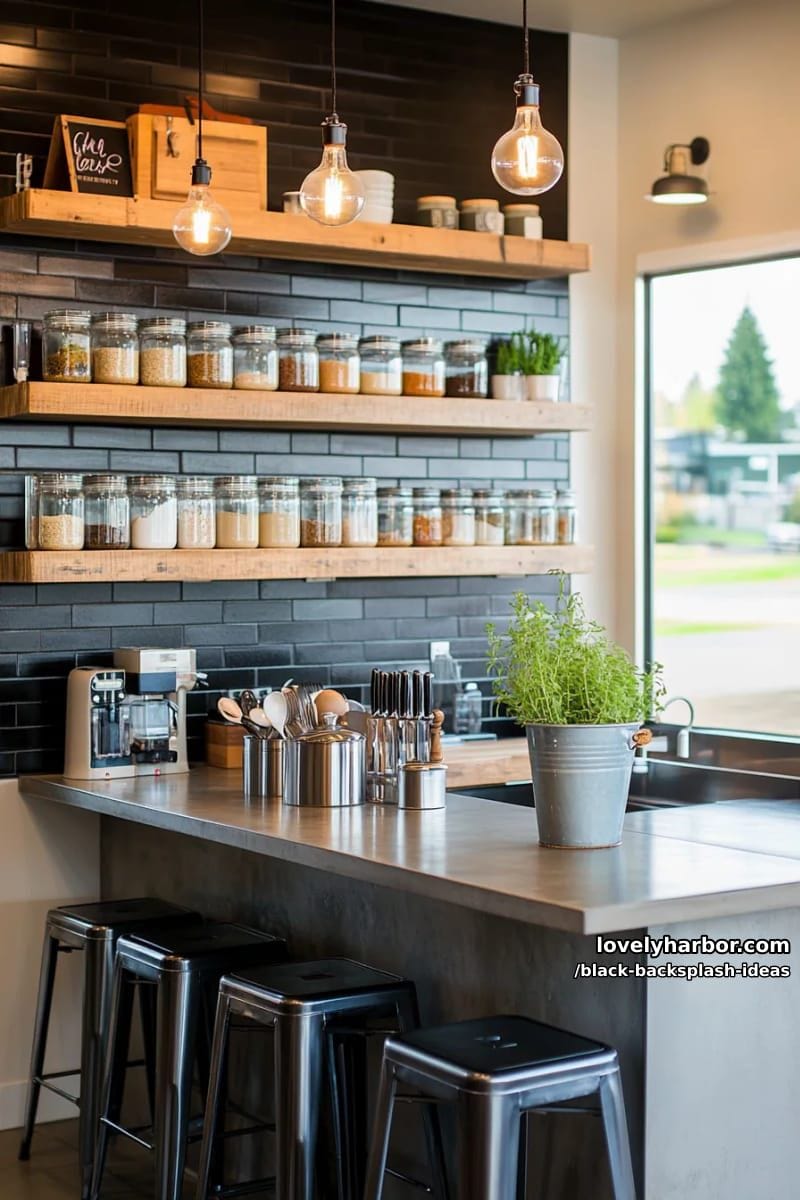 15 Black Backsplash Design Ideas for a Stylish Kitchen 15 industrial black brick backsplash with stainless steel countertops for urban vibes 1