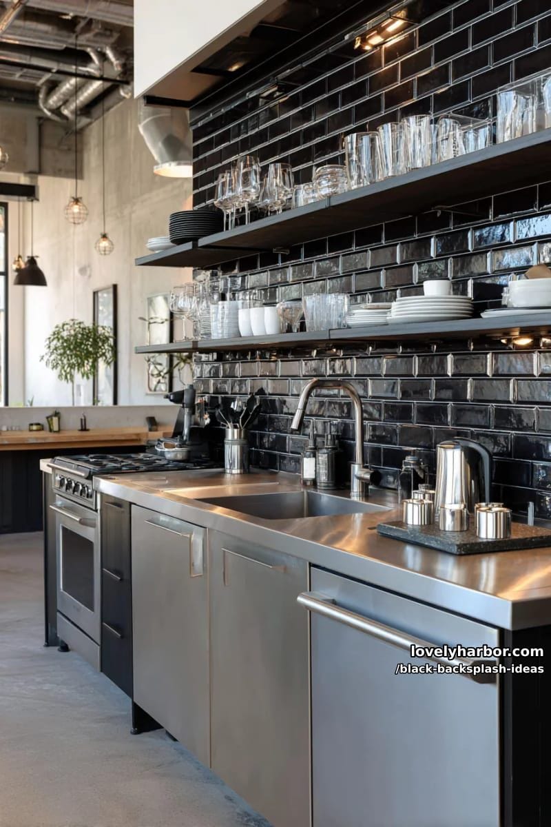 15 Black Backsplash Design Ideas for a Stylish Kitchen 16 industrial black brick backsplash with stainless steel countertops for urban vibes 1