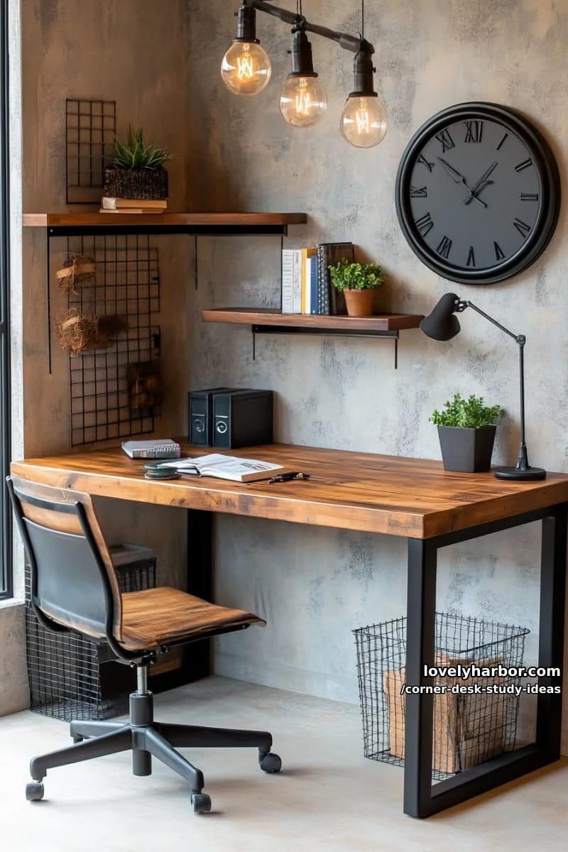 industrial corner desk with metal piping, reclaimed wood, and edison bulbs 1