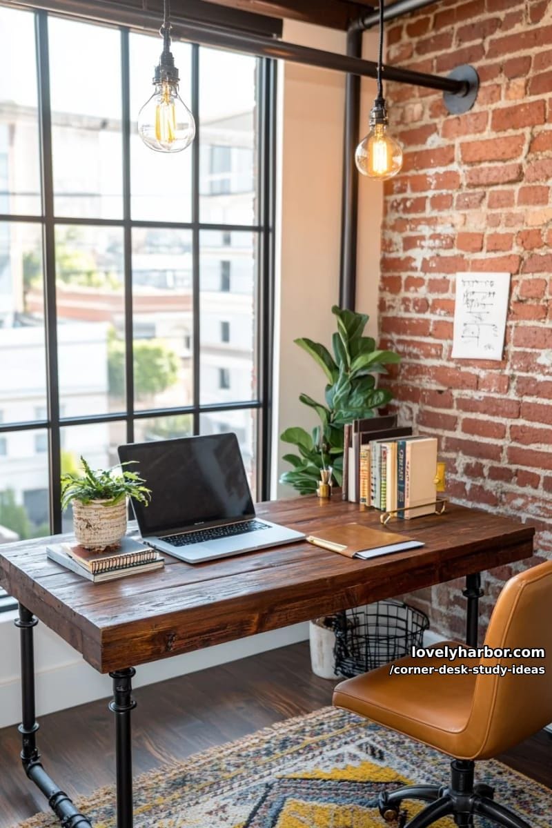 industrial corner desk with metal piping, reclaimed wood, and edison bulbs 1