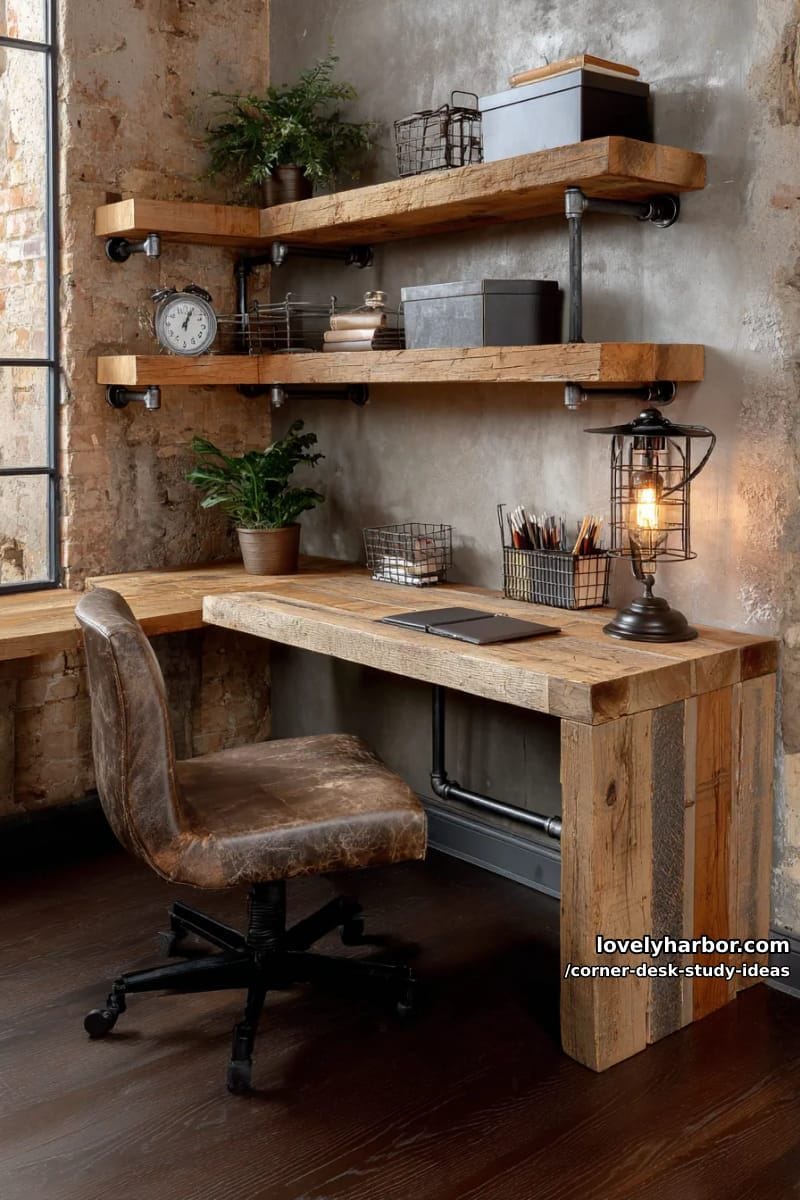 industrial corner desk with metal piping, reclaimed wood, and edison bulbs 1