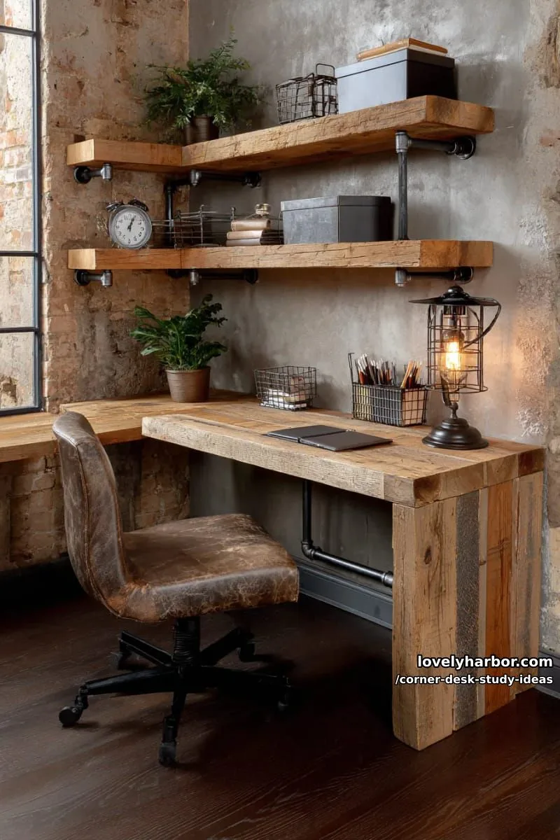 industrial corner desk with metal piping, reclaimed wood, and edison bulbs 1