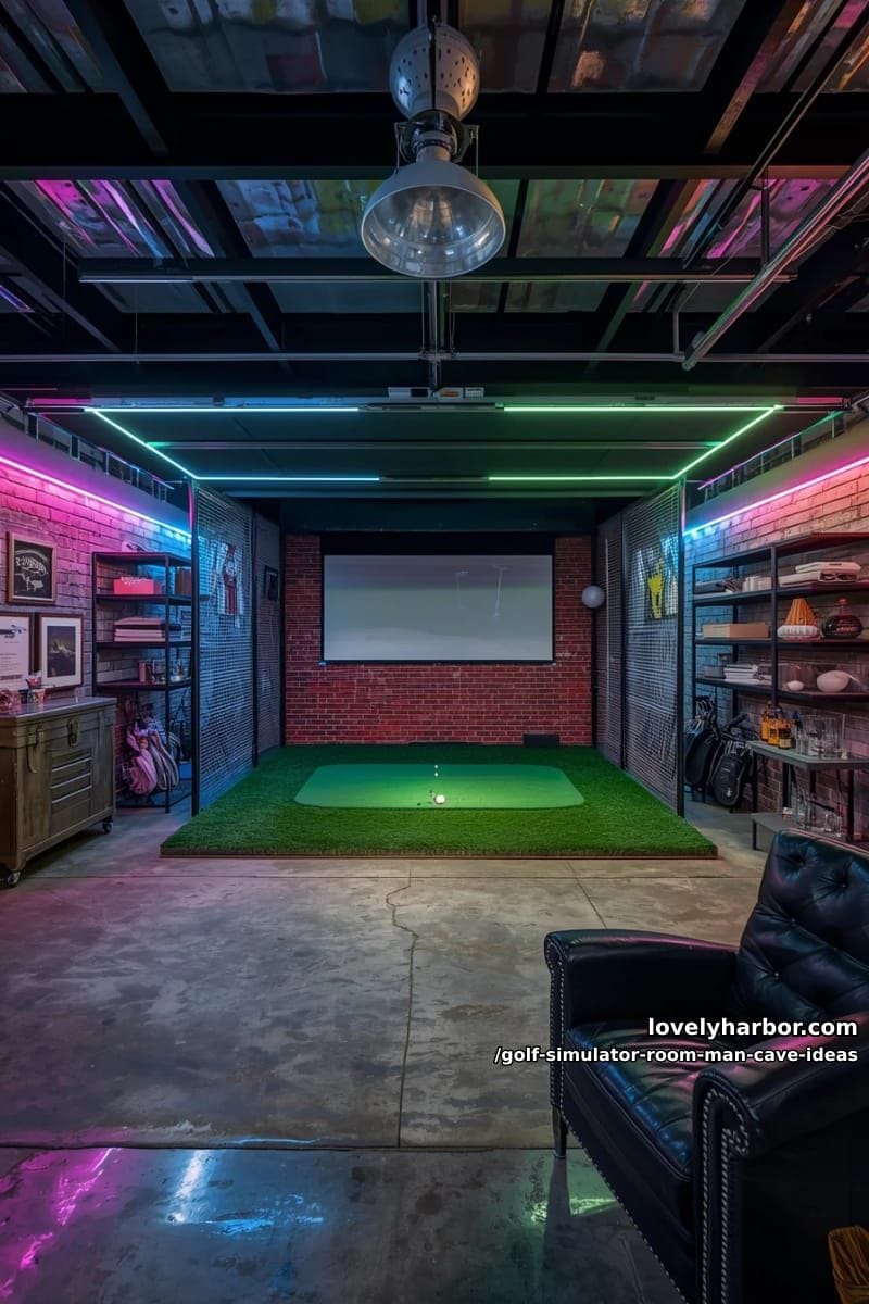 industrial garage golf simulator with neon lighting and exposed brick accent wall 1