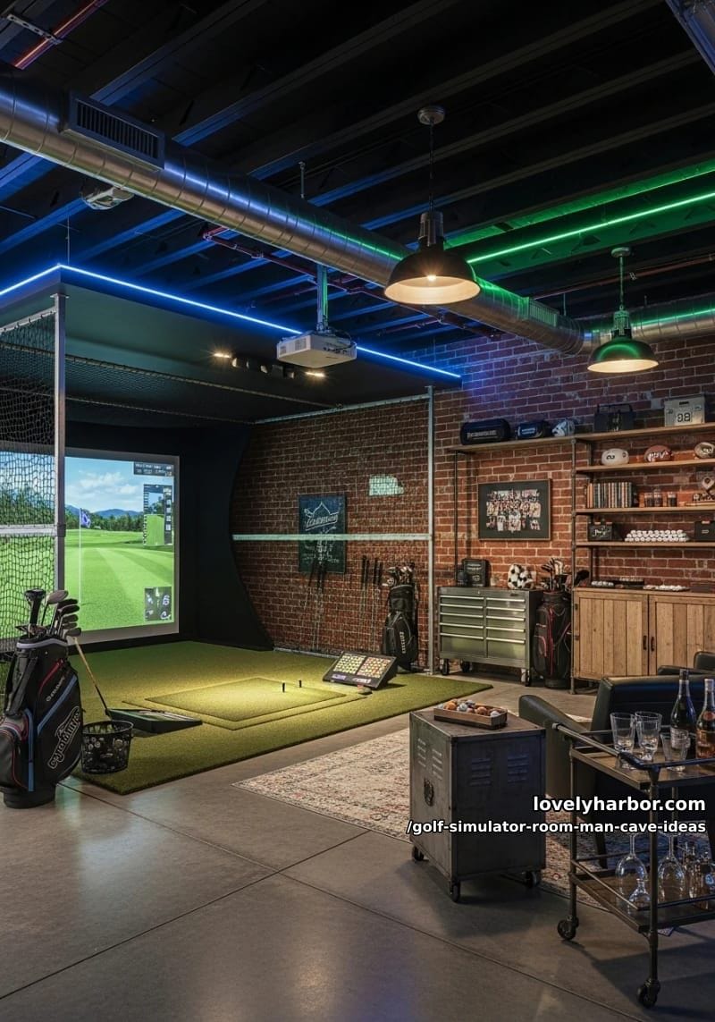 industrial garage golf simulator with neon lighting and exposed brick accent wall 1
