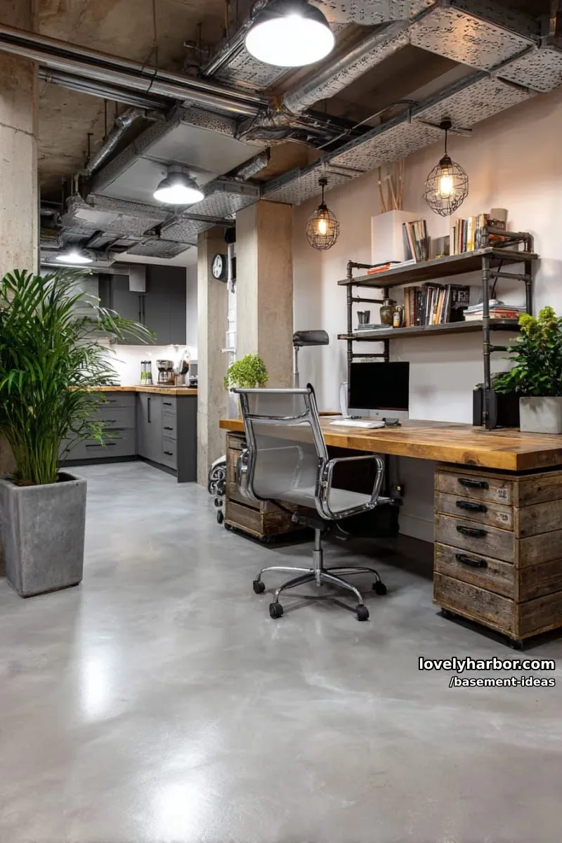 15 Creative Basement Design Ideas with Wow Factor 24 industrial home office with metal pipe shelving and concrete flooring. 1