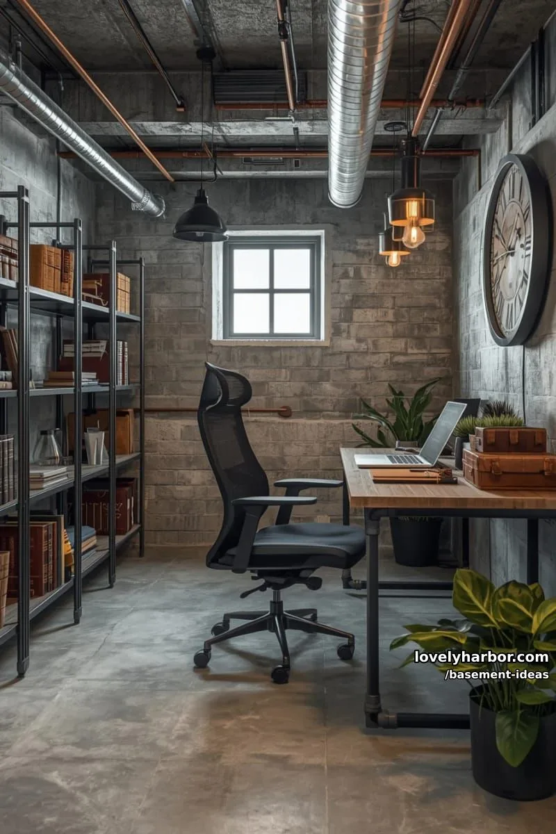 15 Creative Basement Design Ideas with Wow Factor 25 industrial home office with metal pipe shelving and concrete flooring. 1