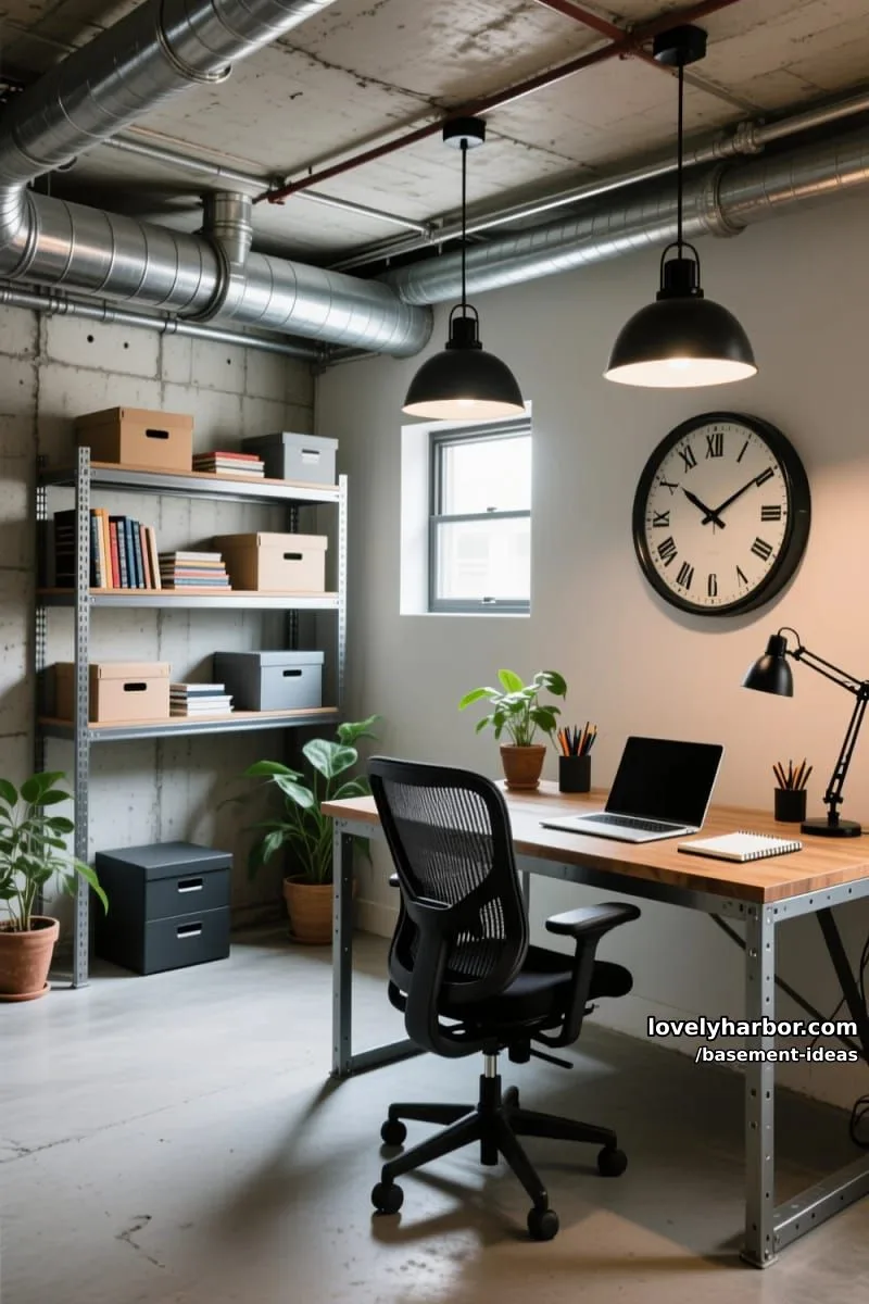 15 Creative Basement Design Ideas with Wow Factor 26 industrial home office with metal pipe shelving and concrete flooring. 1
