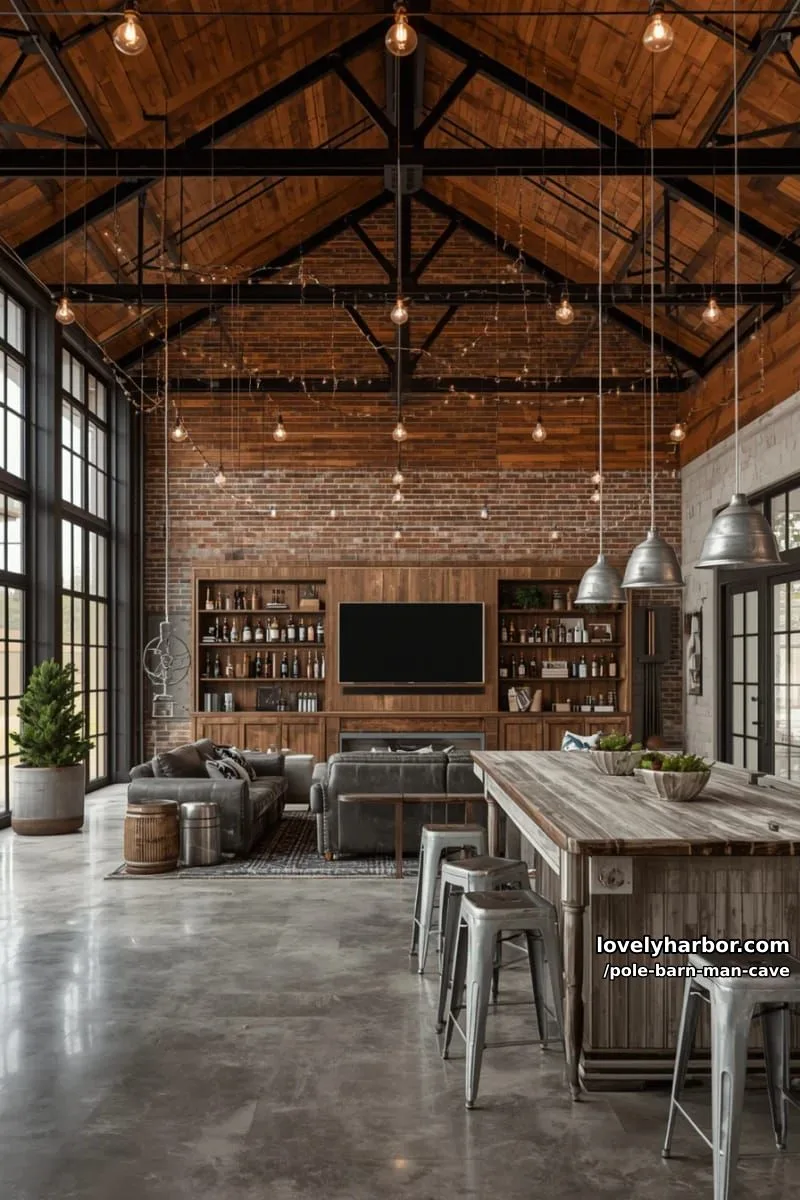 industrial loft-style pole barn with exposed beams and suspended edison bulb lighting 1