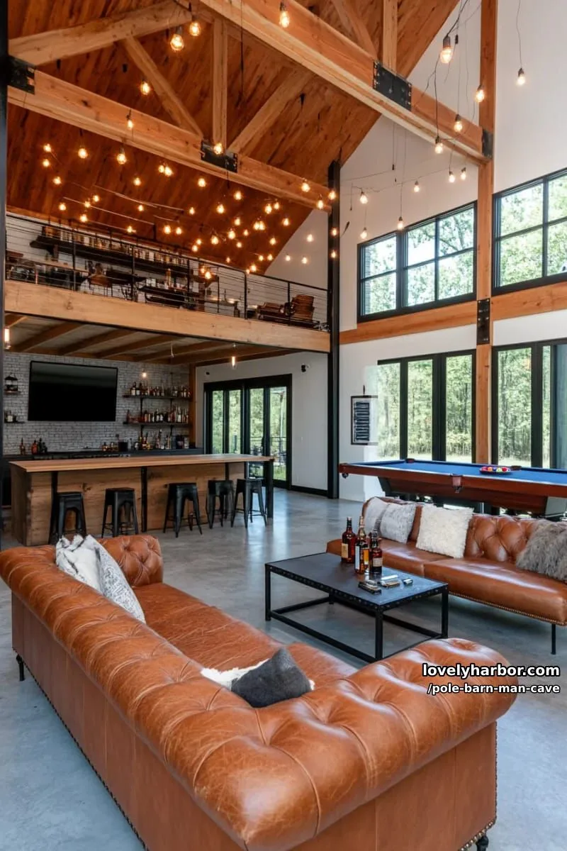 industrial loft-style pole barn with exposed beams and suspended edison bulb lighting 1