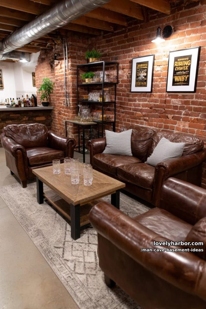 industrial whiskey lounge with exposed brick walls and vintage leather couches 3
