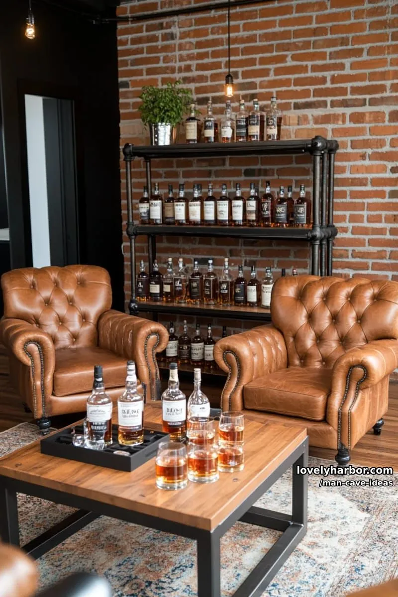 15 Classy Man Cave Ideas to Personalize Your Space 4 industrial whiskey lounge with exposed brick walls and leather recliner chairs 1