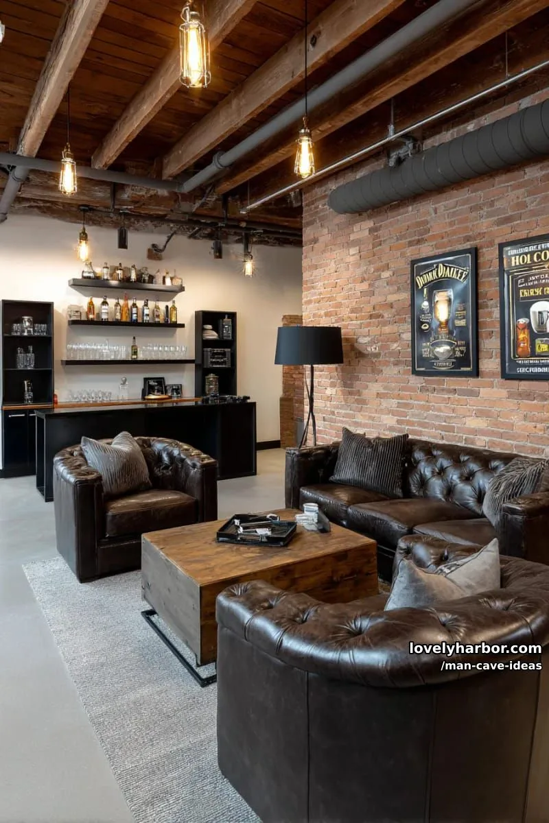 15 Classy Man Cave Ideas to Personalize Your Space 5 industrial whiskey lounge with exposed brick walls and leather recliner chairs 1