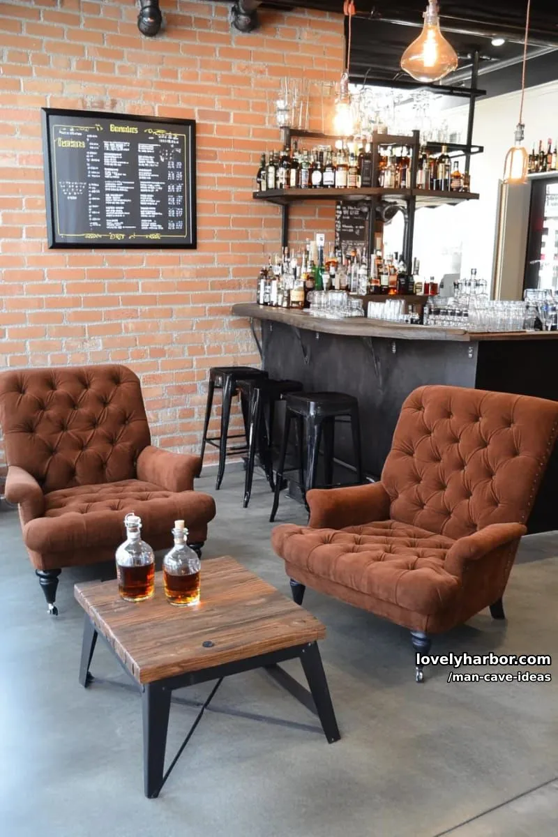 15 Classy Man Cave Ideas to Personalize Your Space 6 industrial whiskey lounge with exposed brick walls and leather recliner chairs 1