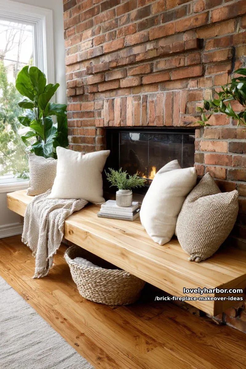 install floating hearth bench in front of brick for cozy seating. 1