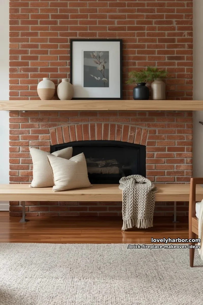 install floating hearth bench in front of brick for cozy seating. 1