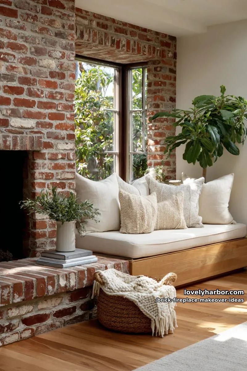 install floating hearth bench in front of brick for cozy seating. 1
