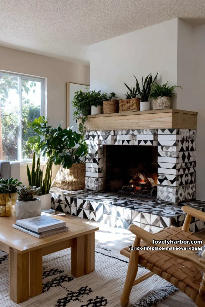 install geometric patterned tiles over bricks for a modern boho refresh. 1