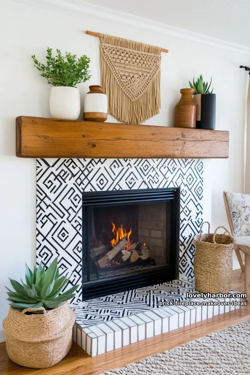 install geometric patterned tiles over bricks for a modern boho refresh. 1