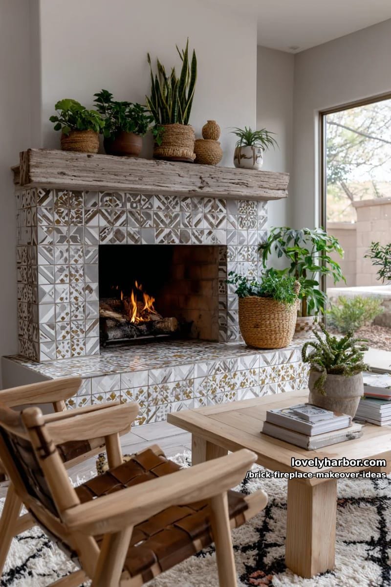 install geometric patterned tiles over bricks for a modern boho refresh. 1