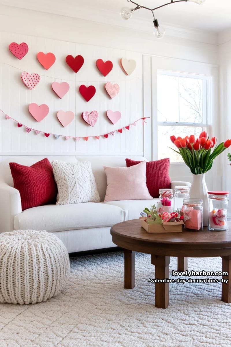 kid-friendly paper heart chain wall with mixed patterned paper 1